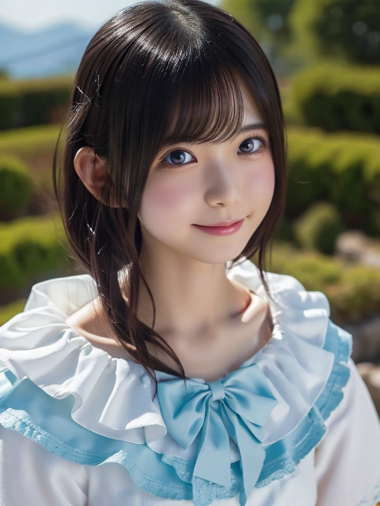 head shot,beautiful detailed eyes, droppy eyes,beautiful detailed lips, extremely detailed eyes and face, long eyelashes, 1japanese girl, fantasy character, (Final Fantasy, yuuna),smile,short hair,elegant white dress,break, blue long skirt,break,magical girl, highly detailed, fantasy landscape, dramatic lighting, glowing effects, mist, intricate details, volumetric lighting, cinematic composition, hyper realistic, 8k, best quality, masterpiece, photorealistic,Highres fix