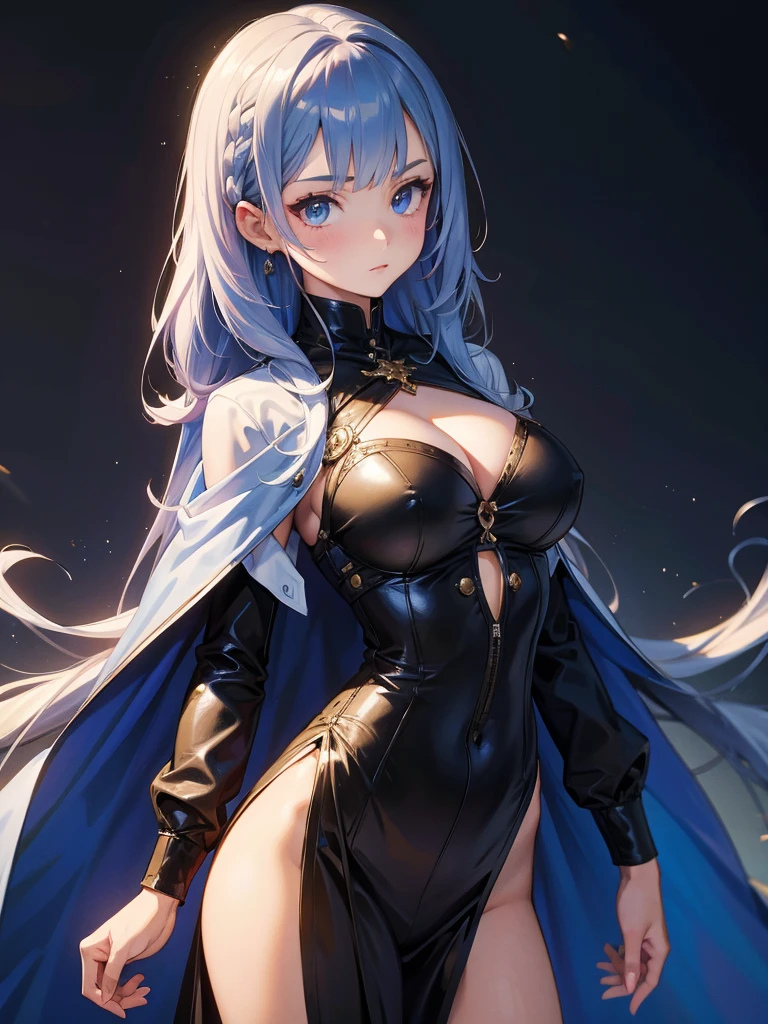 ((masterpiece_Portraiture)),(beautiful girl),(Pixiv),(Fantasy).(Anime aesthetic of the 10s),(woman_concentrated),(cowboy_shot),(Looking_in_Audience),(Fine/Stay Night),One girl,arrogant_face,Curvy,big_chest,sharp face,absurdly long hair,two-tOne hair,white hair,blue hair,hair_that's all_One_eye,curly hair,half-closed eyes,sky blue eyes,Mouth closed,Elf Ears,Are standing,Paladin,white_armored_dress,gray_armor,Black Tie_expensive_socks,garter_belt,Black choker,Amulets,armored_boots