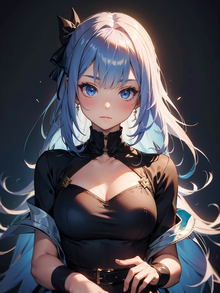 ((masterpiece_Portraiture)),(beautiful girl),(Pixiv),(Fantasy).(Anime aesthetic of the 10s),(woman_concentrated),(cowboy_shot),(Looking_in_Audience),(Fine/Stay Night),One girl,arrogant_face,Curvy,big_chest,sharp face,absurdly long hair,two-tOne hair,white hair,blue hair,hair_that's all_One_eye,curly hair,half-closed eyes,sky blue eyes,Mouth closed,Elf Ears,Are standing,Paladin,white_armored_dress,gray_armor,Black Tie_expensive_socks,garter_belt,Black choker,Amulets,armored_boots