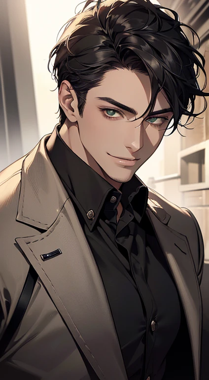 ((a mature man, very handsome, smile in love, short grey black hair, green eyes, perfect face without errors)), ((buttoning the jacket, CEO)), (best quality, masterpiece, 8K, photorealistic, cinematic lighting, hdr image, ultra detailed, beautiful image), (portrait, detailed facial features, intricate textures, realistic skin tones, highly detailed, ultra-realistic), (warm lighting, soft shadows, dramatic lighting), (muted color palette, rich tones), (professional photography, high resolution, studio lighting)
