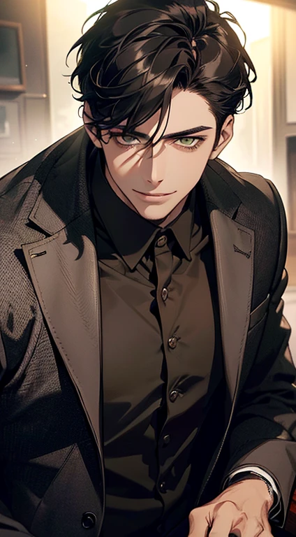 ((a mature man, very handsome, smile in love, short grey black hair, green eyes, perfect face without errors)), ((buttoning the jacket, CEO)), (best quality, masterpiece, 8K, photorealistic, cinematic lighting, hdr image, ultra detailed, beautiful image), (portrait, detailed facial features, intricate textures, realistic skin tones, highly detailed, ultra-realistic), (warm lighting, soft shadows, dramatic lighting), (muted color palette, rich tones), (professional photography, high resolution, studio lighting)