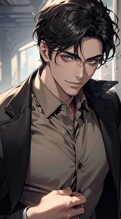 ((a mature man, very handsome, smile in love, short grey black hair, green eyes, perfect face without errors)), ((buttoning the jacket, CEO)), (best quality, masterpiece, 8K, photorealistic, cinematic lighting, hdr image, ultra detailed, beautiful image), (portrait, detailed facial features, intricate textures, realistic skin tones, highly detailed, ultra-realistic), (warm lighting, soft shadows, dramatic lighting), (muted color palette, rich tones), (professional photography, high resolution, studio lighting)