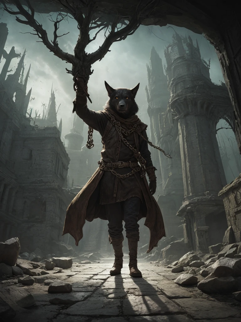 The barking of the hellhound echoed throughout the eerie dungeon. rattling with a chain, a tousled black dog, which, despite death, guards the kingdom of the dead. the dog is huge, creepy, very ancient and indestructible, the dead are afraid of it, under it there are very light white stones among the ash and earth, storybook illustration, greg rutkowski, national geographic photo, seb mckinnon, fantasy art, concept art, flickering light