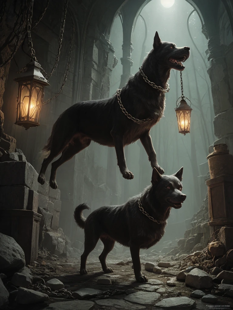 The barking of the hellhound echoed throughout the eerie dungeon. rattling with a chain, a tousled black dog, which, despite death, guards the kingdom of the dead. the dog is huge, creepy, very ancient and indestructible, the dead are afraid of it, under it there are very light white stones among the ash and earth, storybook illustration, greg rutkowski, national geographic photo, seb mckinnon, fantasy art, concept art, flickering light
