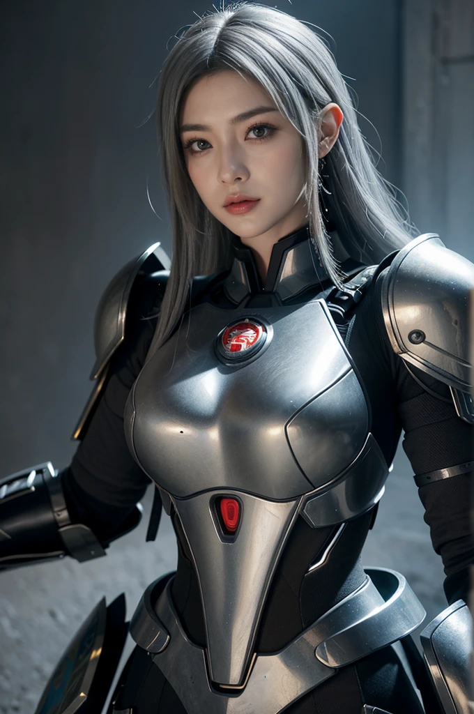 Masterpiece,Game art,The best picture quality,Highest resolution,8K,(Portrait),Unreal Engine 5 rendering works,(Digital Photography),((Portrait Feature:1.5)),
20 year old girl,Short hair details,With long bangs,(The red eye makeup is very meticulous),(With long gray hair:1.4),(Large, full breasts),Elegant and noble,Brave and charming,
(Future armor combined with the characteristics of ancient Chinese armor,Hollow design,Power Armor,The mysterious Eastern runes,A delicate dress pattern,A flash of magic),Warrior of the future,Cyberpunk figures,Background of war,
Movie lights,Ray tracing,Game CG,((3D Unreal Engine)),OC rendering reflection pattern