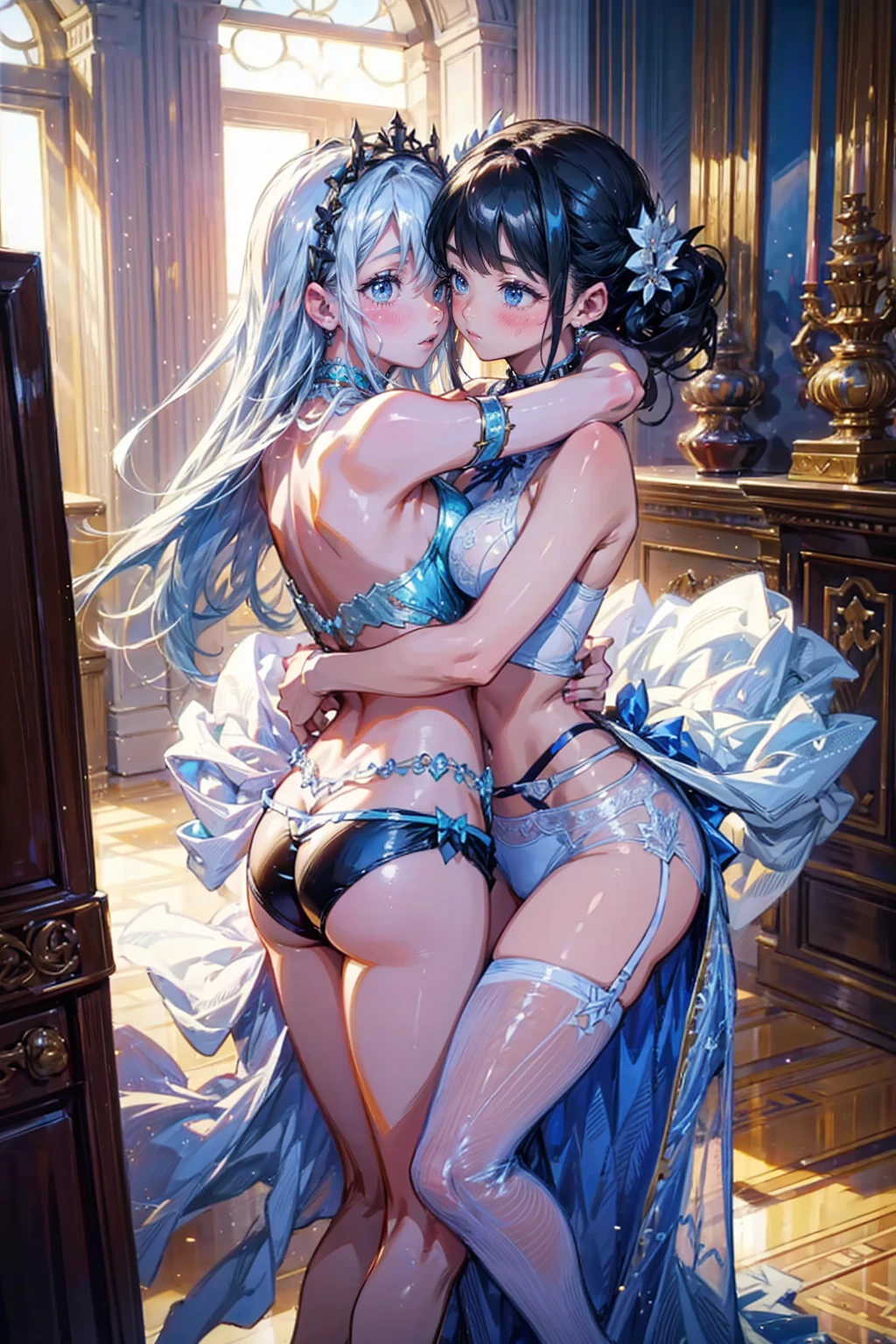 2girls,they wear lovely underwear,elegant,black girl,white girl,dance,hug,in palace