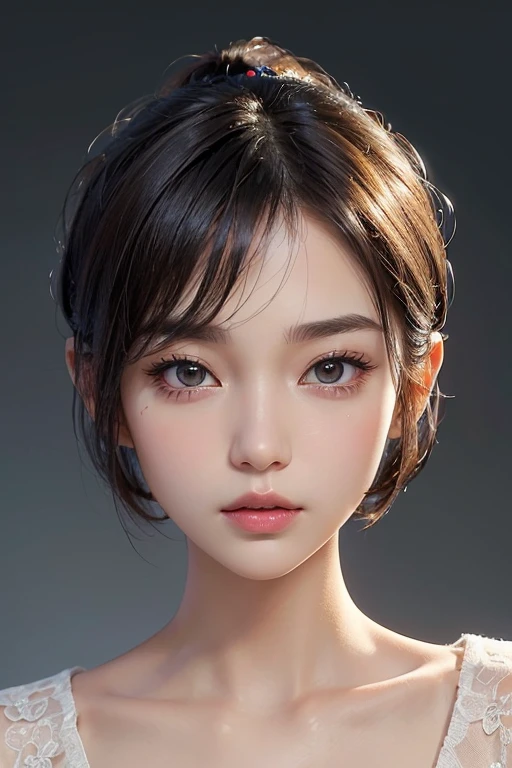 high resolution portrait。((Symmetrical and rounded facial features))、Have clear, smooth skin and a radiant complexion。(The facial features are well defined、High cheekbones、Straight nose、Characterized by plump lips。The eyes are large and expressive、Have long, thick eyelashes and perfectly groomed eyebrows)。((Her hairstyle is a pixie cut with volume on top.、It has the effect of making your face look longer vertically.))。The background is simple and elegant.、The focus is on her face.。The lighting is soft and inviting、Enhance her features、It gives a fresh impression。