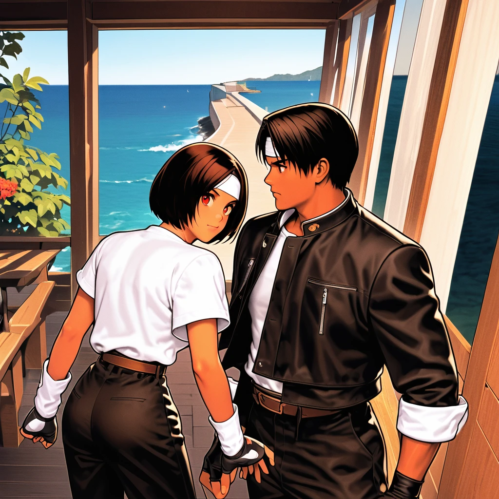 Frivolous,One person,woman,short hair,Black Hair,Dark Skin, ((White headband on forehead)),Red eyes,Black jacket(Roll up your sleeves),Fingerless gloves,White T-shirt,Black trousers,White shoes,Brown belt,cute,Indoor person,Outdoor,You can see the ocean,Slightly large breasts,Outdoor,high quality,. Well-proportioned face、fine texture、Being called out by a friend、A little surprised expression、Dining with friends at a terrace restaurant、Drinking a drink。
