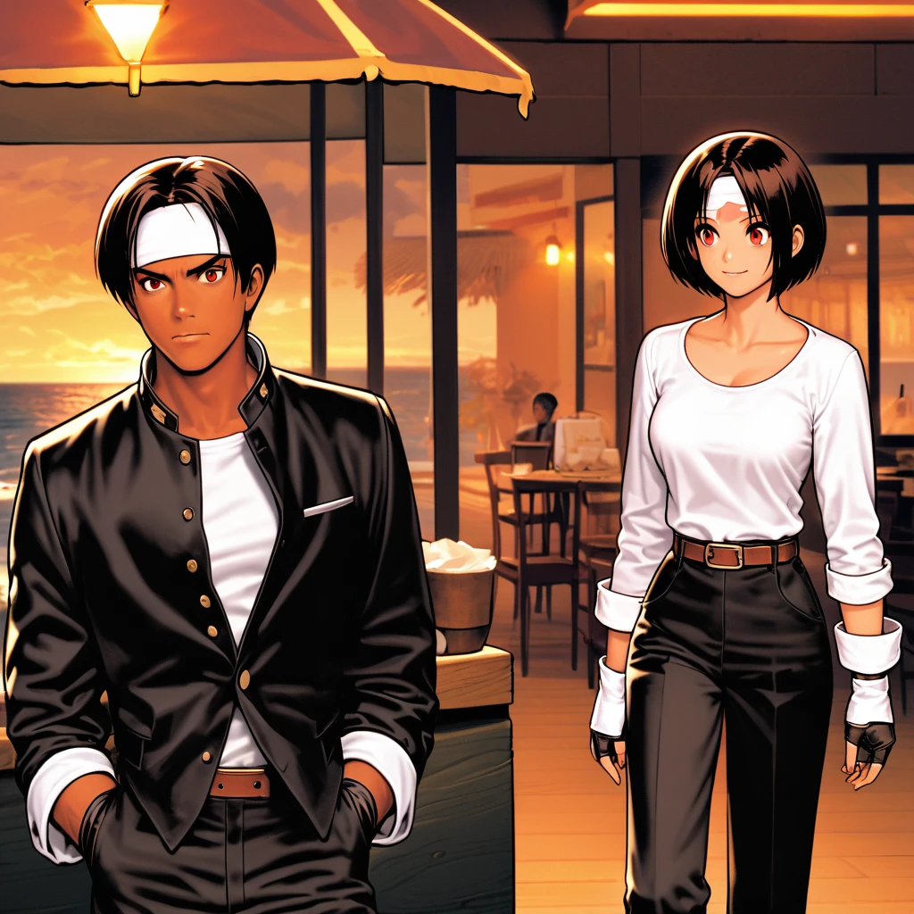 Frivolous,One person,woman,short hair,Black Hair,Dark Skin, ((White headband on forehead)),Red eyes,Black jacket(Roll up your sleeves),Fingerless gloves,White T-shirt,Black trousers,White shoes,Brown belt,cute,Indoor person,Outdoor,You can see the ocean,Slightly large breasts,Outdoor,high quality,. Well-proportioned face、fine texture、Being called out by a friend、A little surprised expression、Dining with friends at a terrace restaurant、Drinking a drink。
