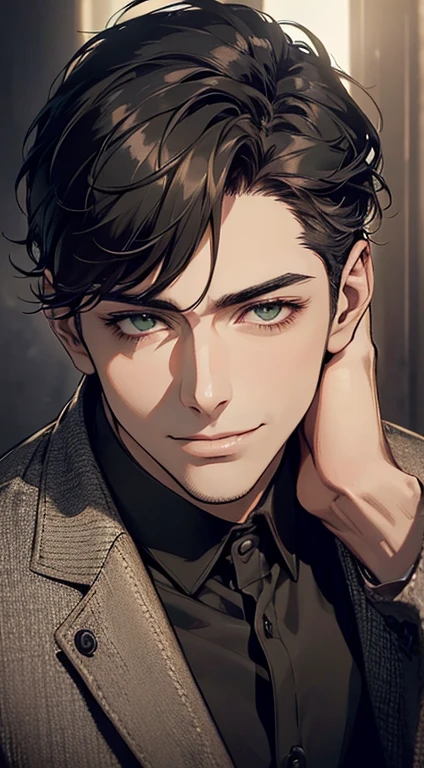 ((a mature man, very handsome, smile in love, short grey black hair, green eyes, perfect face without errors)), ((buttoning the jacket, CEO)), (best quality, masterpiece, 8K, photorealistic, cinematic lighting, hdr image, ultra detailed, beautiful image), (portrait, detailed facial features, intricate textures, realistic skin tones, highly detailed, ultra-realistic), (warm lighting, soft shadows, dramatic lighting), (muted color palette, rich tones), (professional photography, high resolution, studio lighting)