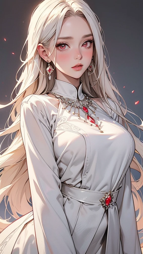 A detailed anime-style illustration. Young woman with long, flowing platinum blonde hair. Intense and captivating expression with piercing red eyes and a slight blush on her cheeks. She is looking directly at the viewer. Wearing an elegant, form-fitting white outfit with intricate silver patterns and red gem accents. The outfit includes a high-neck collar and decorative embroidery. She has red gemstone earrings and a matching necklace. The background is a soft gradient with light grey and white tones, with subtle lighting effects that highlight her hair and outfit. Her pose is confident, with one arm slightly raised and the other resting by her side. The overall appearance is regal and striking, with a focus on the intricate details and glowing elements of her clothing.