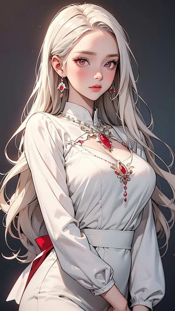 A detailed anime-style illustration. Young woman with long, flowing platinum blonde hair. Intense and captivating expression with piercing red eyes and a slight blush on her cheeks. She is looking directly at the viewer. Wearing an elegant, form-fitting white outfit with intricate silver patterns and red gem accents. The outfit includes a high-neck collar and decorative embroidery. She has red gemstone earrings and a matching necklace. The background is a soft gradient with light grey and white tones, with subtle lighting effects that highlight her hair and outfit. Her pose is confident, with one arm slightly raised and the other resting by her side. The overall appearance is regal and striking, with a focus on the intricate details and glowing elements of her clothing.