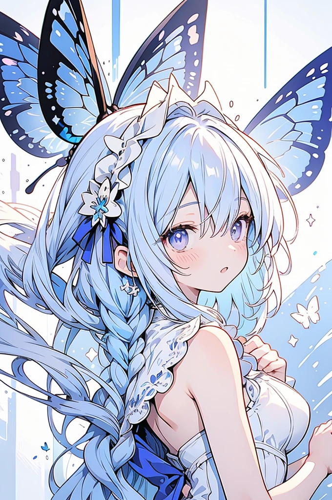 Digital illustration featuring an anime-style character with light blue hair and purple eyes. The character is dressed in a white and blue outfit with butterfly motifs, including a headpiece adorned with a butterfly. The background is a mix of dark and light shades with a butterfly design on the left side. The character is holding a glowing blue butterfly in their right hand. The overall style is fantasy-themed with a focus on ethereal and delicate elements. Cold personality. discreetly. headscarf