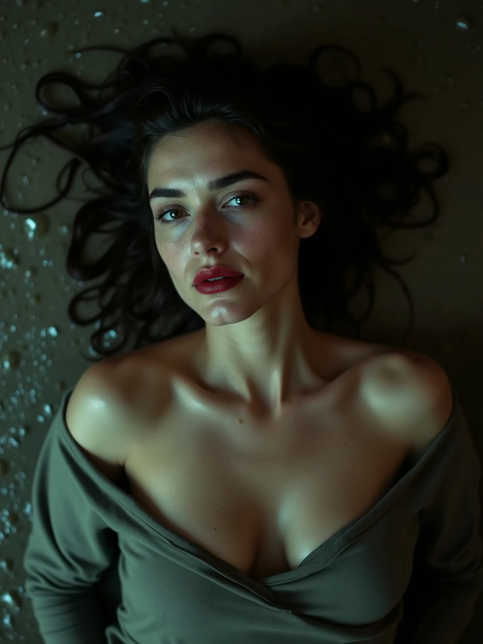 a hot lady, bare shoulder, sweaty skin droplets, shoulder off, red lips, wet hair, medium shot, rainy short dark cinematic, cleavage visible, one shirt strips goes down, trap in a muddy room, full cinematic shot, small room, lying on ground top view