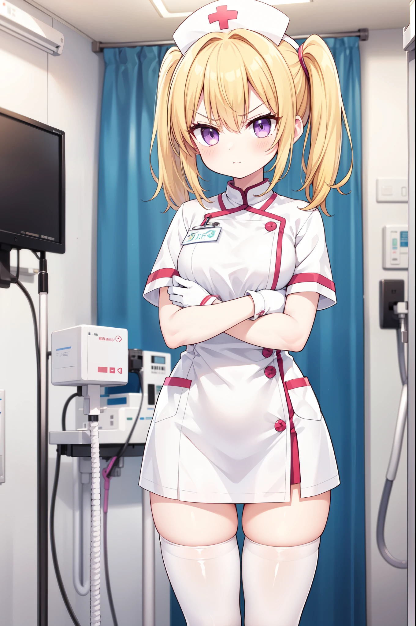 1girl, solo, nurse, nurse cap, white nurse uniform, ((white legwear, zettai ryouiki)), white gloves, twintails, yellow hair, purple eyes, angry, crossed arms, standing, ((hospital room)), sharp outline, short sleeves, best quality, masterpiece