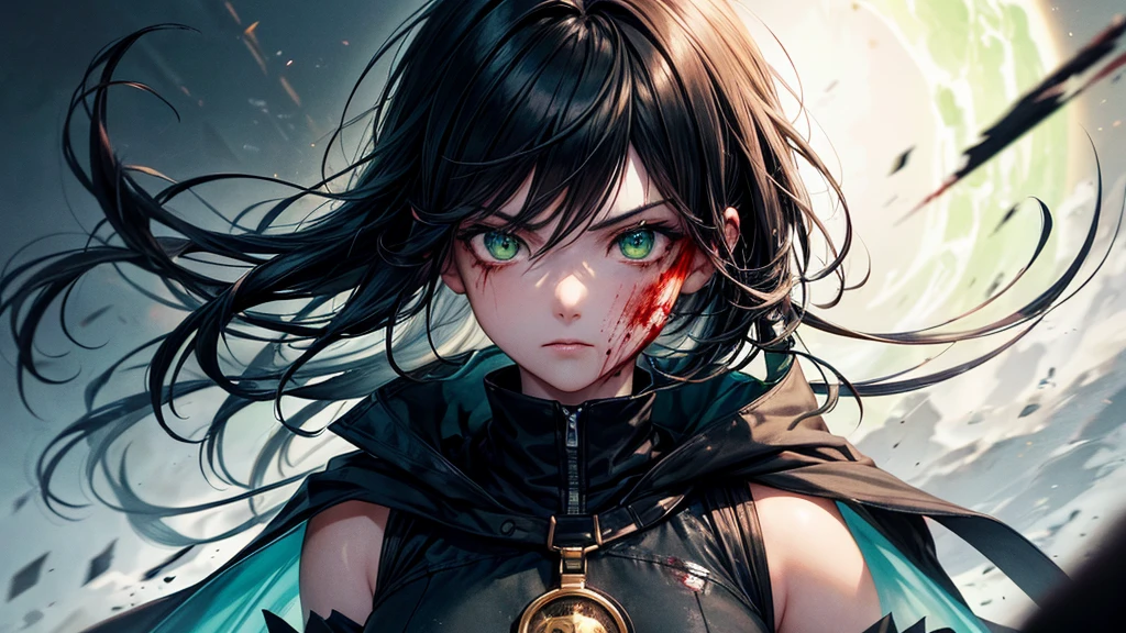 tomboy girl, handsome, short black hair, (masterpiece:1.2、highest quality), (Exquisite green eyes: 1.2), (Detailed Background、Dark fantasy), (cute detailed face), High Contrast, (Best lighting、Very delicate and cool), ((Cinema Lighting) )), black coat with white dirty dress, blood splatter, colorful, Hyper Detail, Dramatic Light, Intricate details, serious face, moon behind (20 years old, 1 girl, solo, black short hair, messy hair, pony in left ,Sharp Face, green eyes, pony hair between the eyes, Dynamic Angle), (Blood splatter:1.4), Black light swirling around the character, Depth of written boundary, green light particles, Nightcore, black magician, Spectacular anime style, zerochan art, Anime Wallpaper, Burning, High quality anime art style, Key Anime Art
