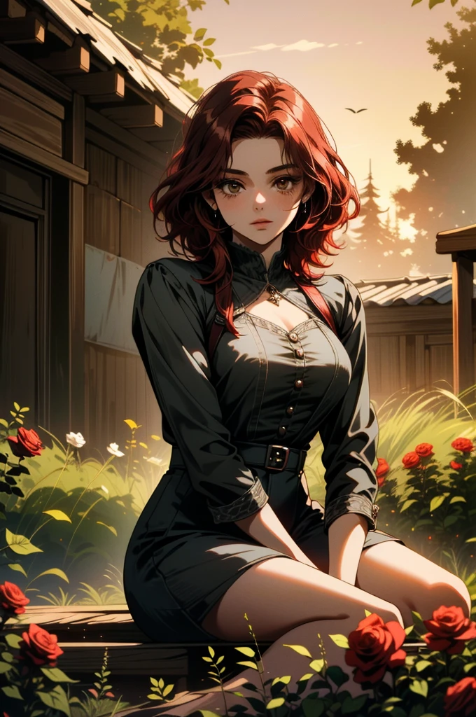 ((ultra detailed, masterpiece, absurdities))
 CanteraAbigail, 1 girl, Alone, Red hair, Brown eyes, sitting in a garden, rose, showy, sunrise, cinematic lighting