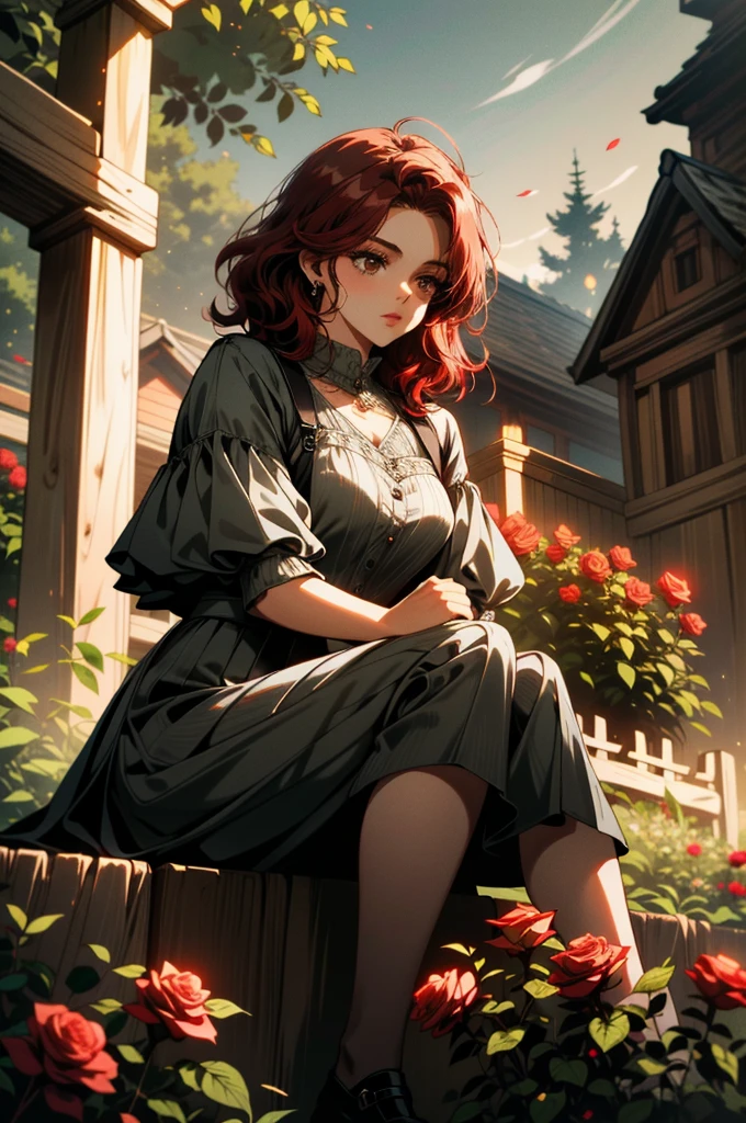 ((ultra detailed, masterpiece, absurdities))
 CanteraAbigail, 1 girl, Alone, Red hair, Brown eyes, sitting in a garden, rose, showy, sunrise, cinematic lighting