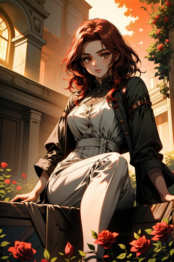 ((ultra detailed, masterpiece, absurdities))
 CanteraAbigail, 1 girl, Alone, Red hair, Brown eyes, sitting in a garden, rose, showy, sunrise, cinematic lighting