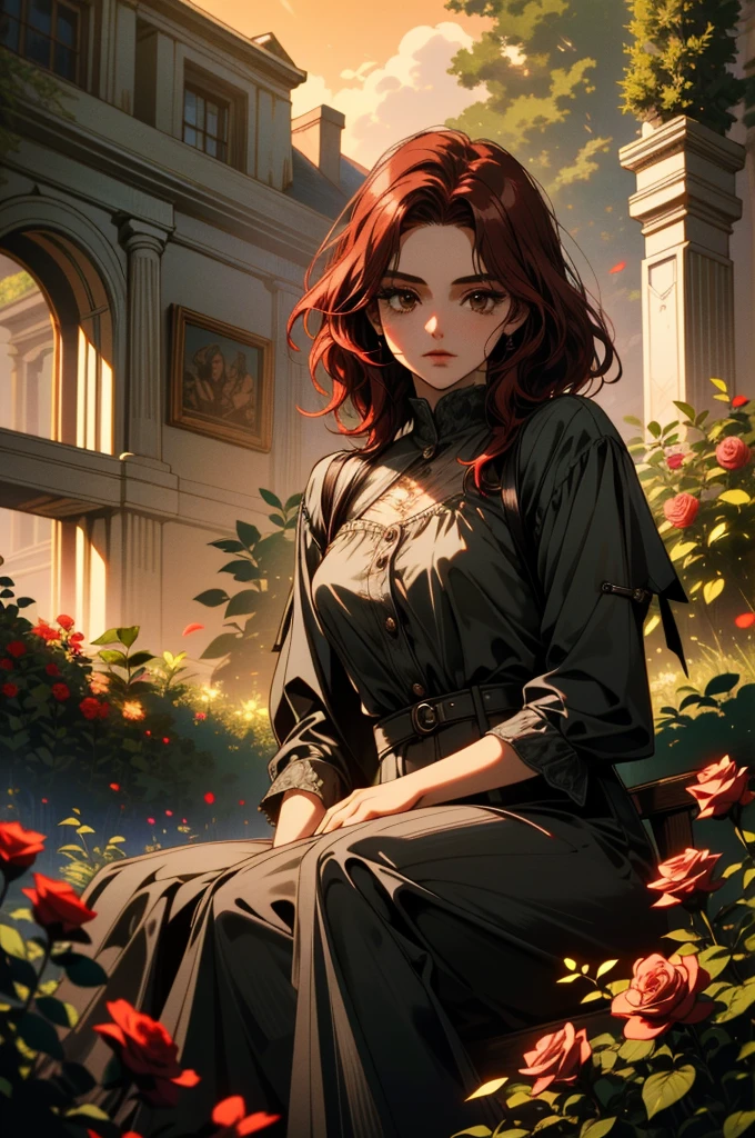 ((ultra detailed, masterpiece, absurdities))
 CanteraAbigail, 1 girl, Alone, Red hair, Brown eyes, sitting in a garden, rose, showy, sunrise, cinematic lighting