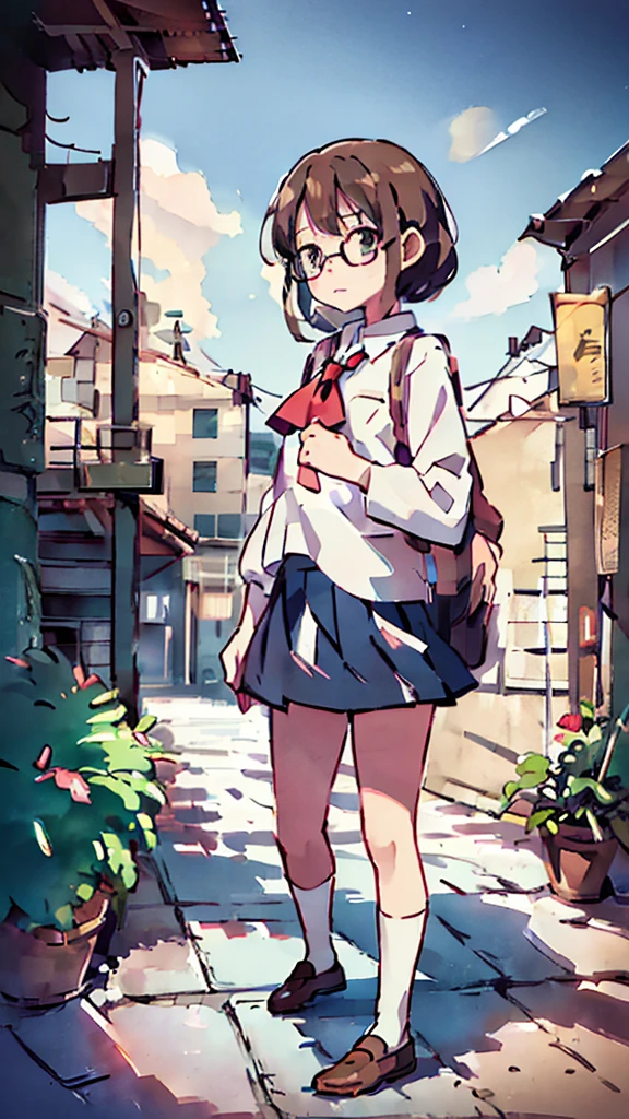 Nsfw、masterpiece, high quality, 4K, HDR,, Stable Diffusion prompt: schoolgirl with short、brown hair and red-framed glasses, wearing a white blouse and navy skirt, white panties visible, navy socks and brown loafers, in a state of arousal and trembling with sexual climax,simple illustration style, in a nichijou (everyday life) setting