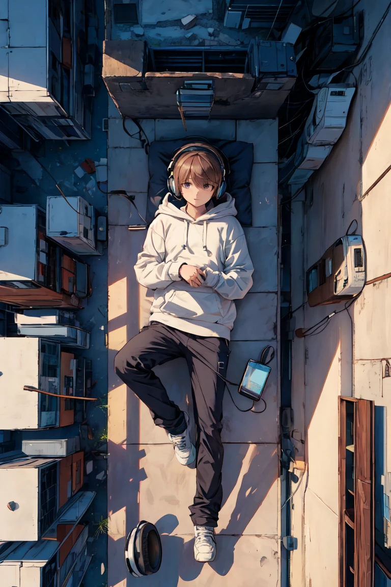 masterpiece,Highest quality,Lying down,neutral,finely,delicate,Listless,hoodie,School,rooftop,Headphones,Top view,uniform