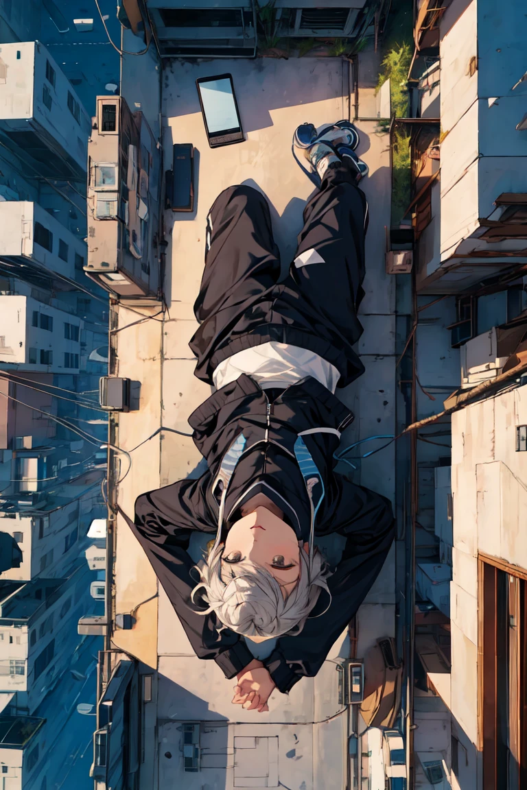 masterpiece,Highest quality,Lying down,neutral,finely,delicate,Listless,hoodie,School,rooftop,Headphones,Top view,uniform