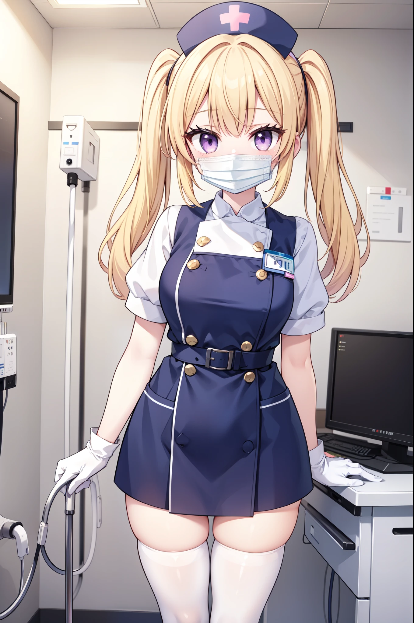 1girl, solo, nurse, nurse cap, white nurse uniform, ((white legwear, zettai ryouiki)), white gloves, twintails, yellow hair, purple eyes, ((white surgical mask, covered nose)), standing, ((hospital room)), sharp outline, short sleeves, best quality, masterpiece
