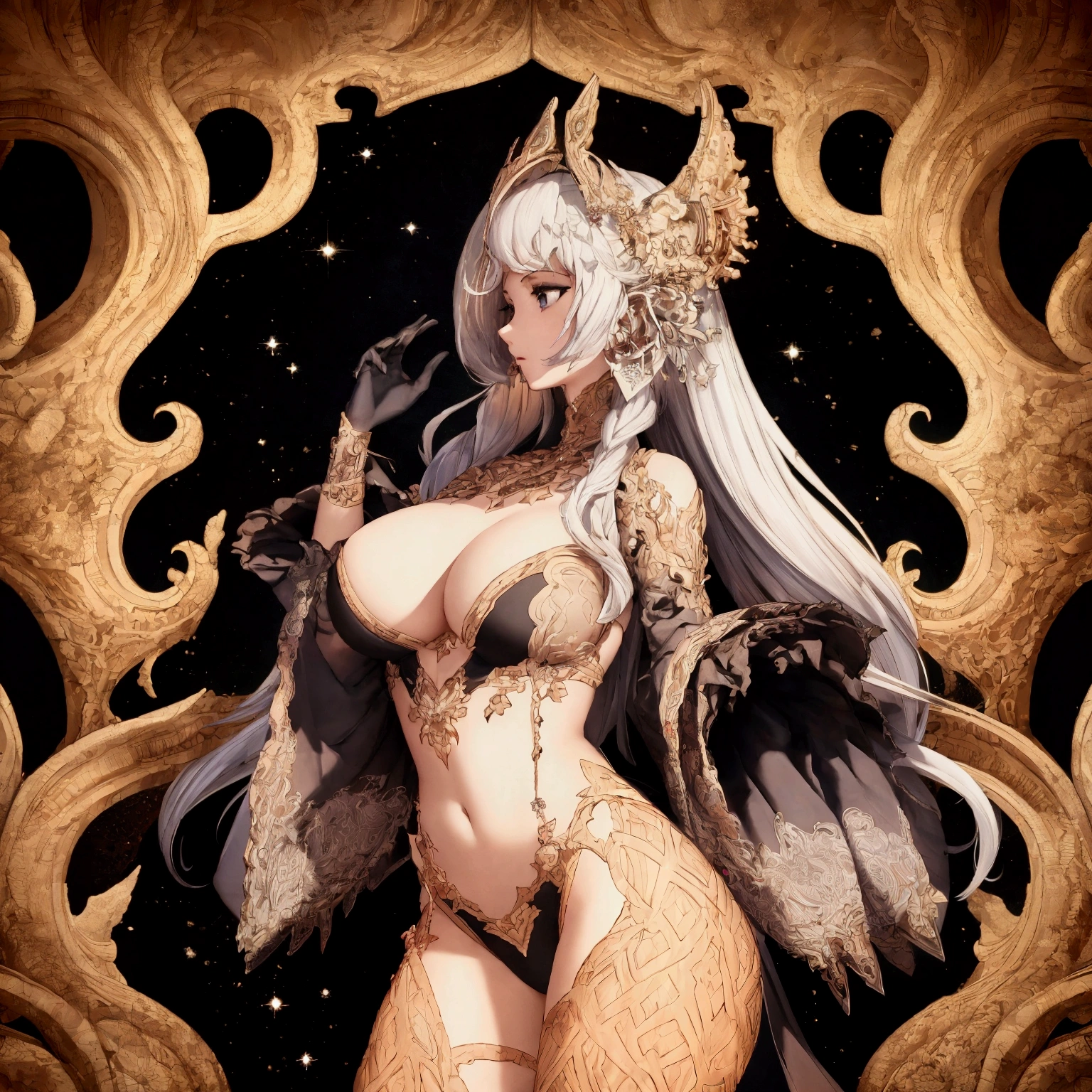 official art, unity 8k wallpaper, ultra detailed, beautiful and aesthetic, masterpiece, best quality, (zentangle, mandala, tangle, entangle), (fractal art:1.3) , 1girl, big breast, extremely detailed, dynamic angle, cowboyshot, the most beautiful form of chaos, elegant, a brutalist designed, vivid colours, romanticism, atmospheric, ecstasy of musical notes, streaming musical notes visible