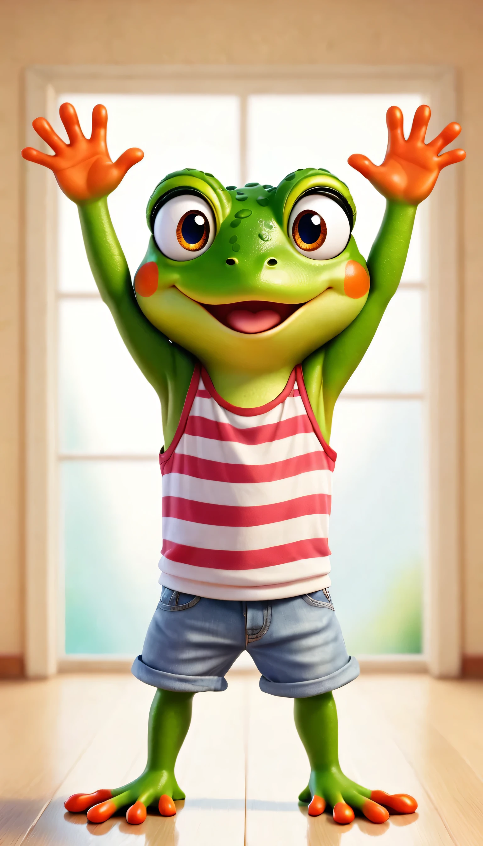 cute frog, cartoon , arms, hands ,cute eyes, looking at viewer, arms up, close, room background, clothes