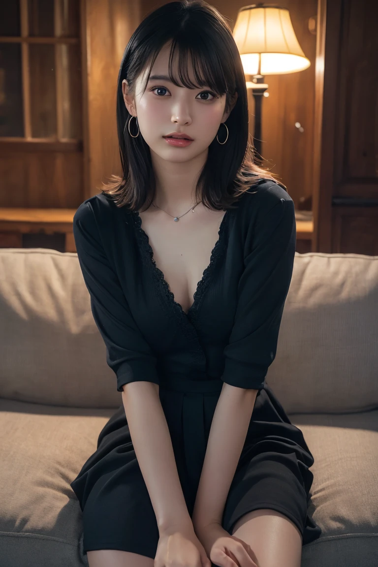 (Highest quality:1.4),(masterpiece:1.4),(Realistic:1.4),(Realistic:1.2),(超High resolution, RAW Photos:1.4),(High resolution, Ultra-detailed:1.2),(8k:1.2),View your viewers,Cinematic photography,One girl,skeletally correct,Black-haired woman,Woman in her early 20s,(Small earrings,neckレス,Black dress,Vneck,No sleeve),(Western-style building interior,Dimly lit room,The lamplight shines on my cheeks,Sit on the sofa)