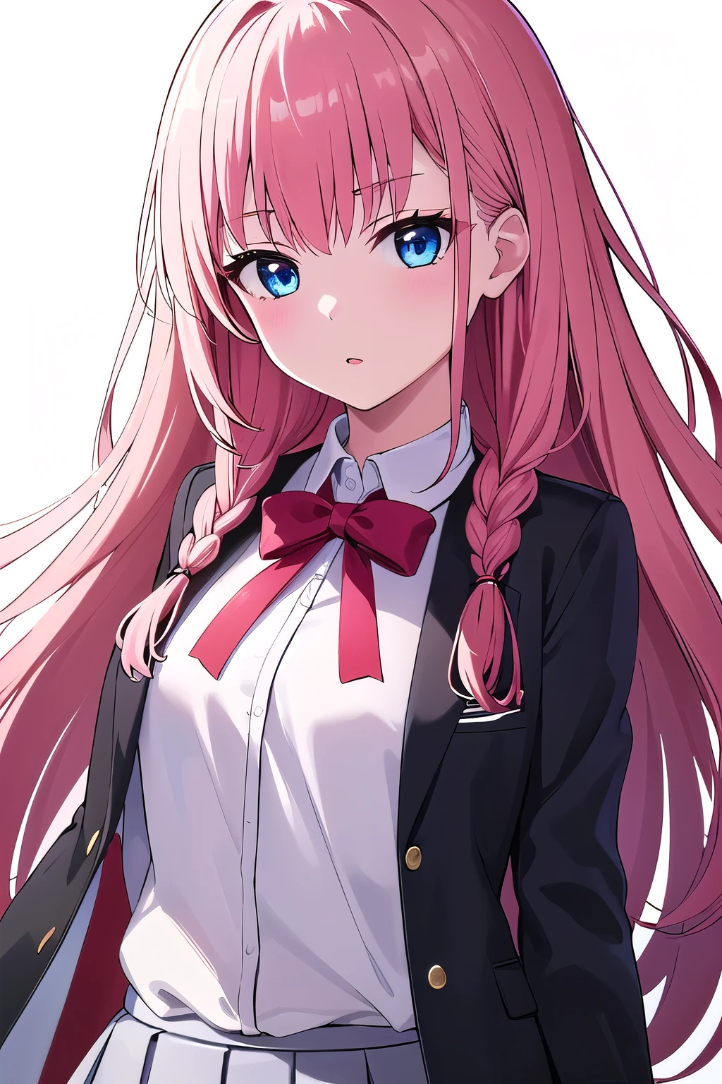 "1girl, incredibly detailed 8k cg, flawless model, mesmerizing idol, stunning face, ethereal beauty, pristine white hair, ring braids, captivating blue eyes, Kakegurui , redblazer, white shirt, pleated grey skirt, brown pantyhose, (white background:1.3), pink hair, (upper body to thighs:1.2)