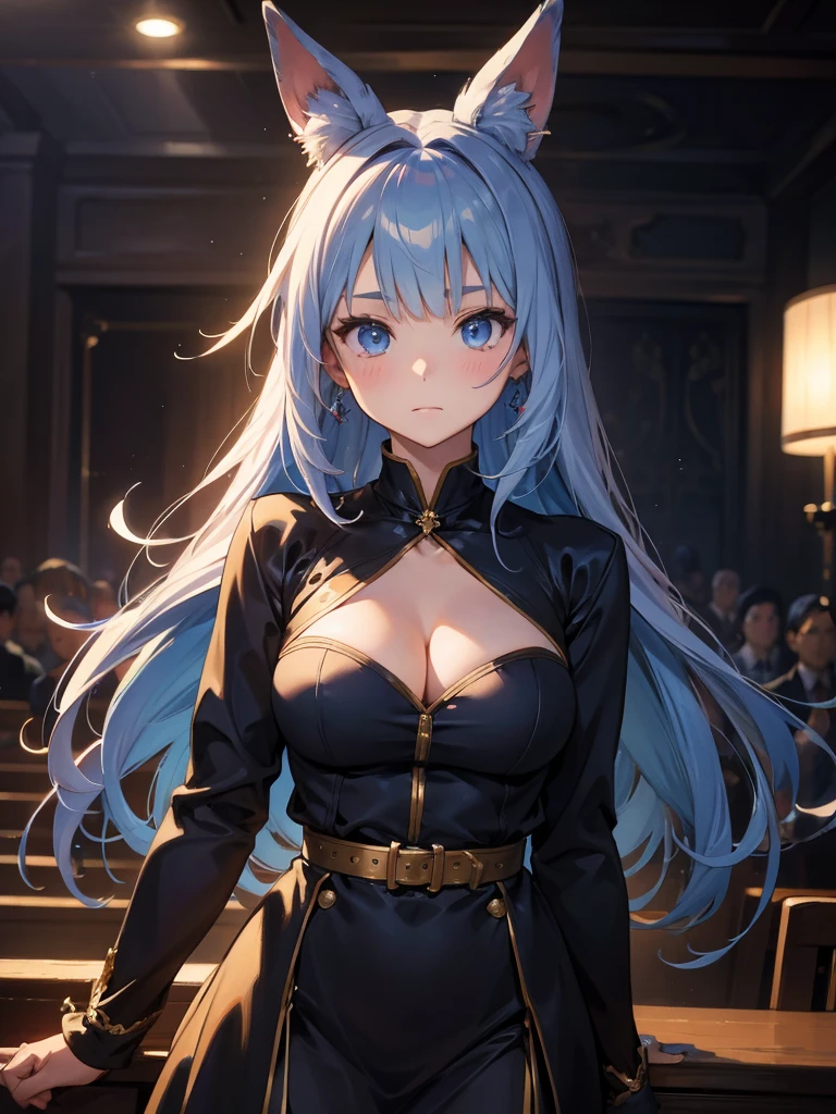 ((masterpiece_Portraiture)),(beautiful girl),(Pixiv),(Fantasy).(Anime aesthetic of the 10s),(woman_concentrated),(cowboy_shot),(Looking_in_Audience),(Fine/Stay Night),One girl,arrogant_face,Curvy,big_chest,sharp face,absurdly long hair,two-tOne hair,white hair,blue hair,hair_that's all_One_eye,curly hair,half-closed eyes,sky blue eyes,Mouth closed,Elf Ears,Are standing,Paladin,white_armored_dress,gray_armor,Black Tie_expensive_socks,garter_belt,Black choker,Amulets,armored_boots