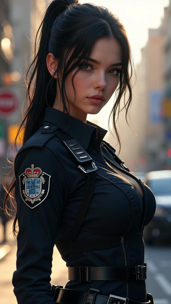 ((((masterpiece, best quality, high resolution)))), Extremely detailed 8K, 1 female, (Police Officer) wearing a cyberpunk police uniform and gear, (Ultra HD, Ultra-detailed, Highly detailed, Highly realistic, Ultra-realistic, photograph realistic), (1girl:1.5), (Realistic black hair), (dynamic poses), facing at camera, looking at viewer, (a serious focus face), (regular black eyes, sharp eyes), (perky breasts:1.2), (beautifully detailed face, beautiful detailed eyes), ((preparing for a police patrol)), (streets background), sweat, glow, (sunbeam, sunlight), ((cowboy shot)), seductive, EnvyBetterHands LoCon,