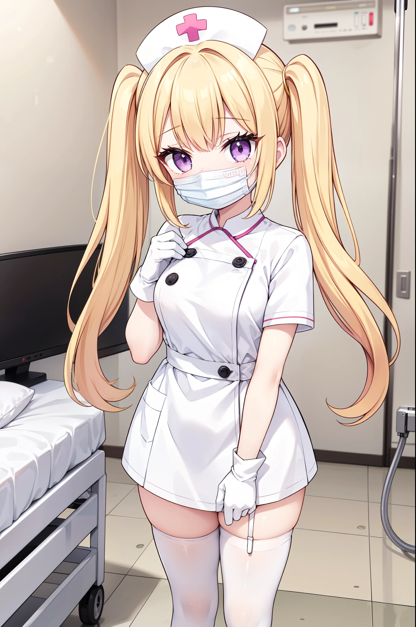 1girl, solo, nurse, nurse cap, white nurse uniform, ((white legwear, zettai ryouiki)), white gloves, twintails, yellow hair, purple eyes, ((white surgical mask, covered nose)), standing, ((hospital room)), sharp outline, short sleeves, best quality, masterpiece