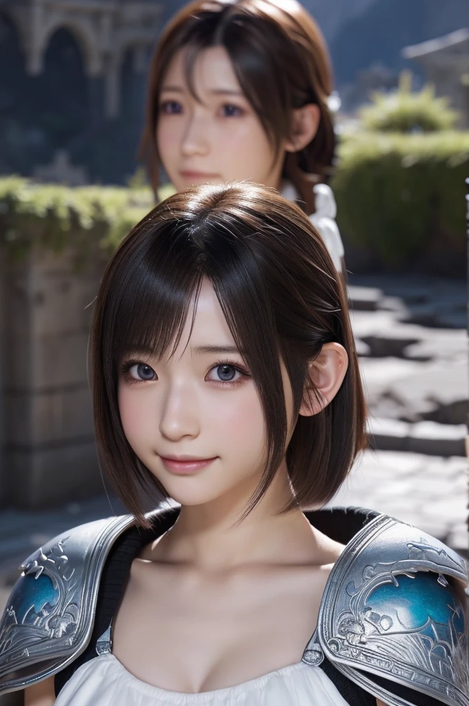 head shot,beautiful detailed eyes, droppy eyes,beautiful detailed lips, extremely detailed eyes and face, long eyelashes, 1japanese girl, fantasy character, (Final Fantasy, yuuna:1.5),smile,short hair,elegant white dress,break, blue long skirt,break,magical girl, highly detailed, fantasy landscape, dramatic lighting, glowing effects, mist, intricate details, volumetric lighting, cinematic composition, hyper realistic, 8k, best quality, masterpiece, photorealistic,Highres fix