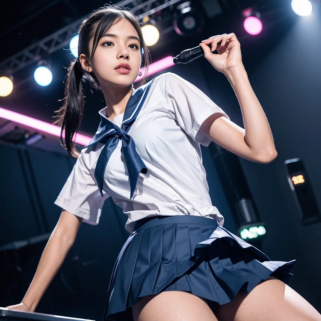 RAW Photos , 5 girls  ,White shirt、Navy blue vest、Wearing a grey skirt uniform ((Teenage schoolgirls on a glittering neon concert stage)) , Professional Photographer, (High resolution:1.4), masterpiece, ultra-realistic 8k, Perfect artwork, The finer details, Cute Face, Award-winning photo, (Highest quality, 8k, 32K, masterpiece, 超High resolution:1.3) ,