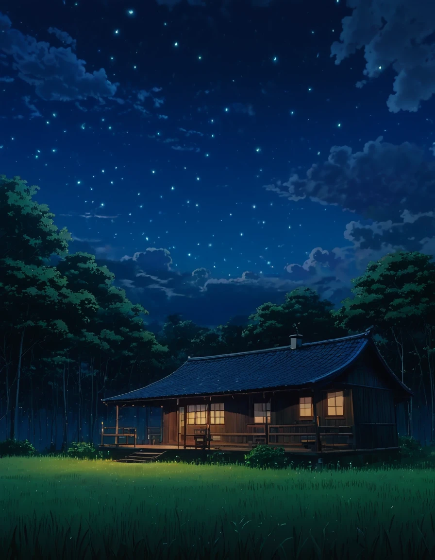 masterpiece!!!! 8k anime-realist!!!!! a country cabin stylo anime ghibli, boil a night sky, serene sky clouds!!! animated lighting!!!!!! and shadow, fireflies