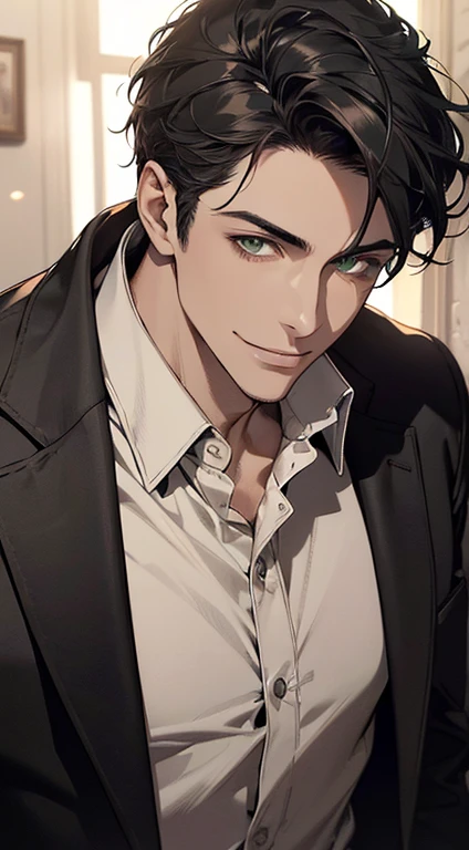 ((a mature man, very handsome, smile in love, short grey black hair, green eyes, perfect face without errors)), ((buttoning the jacket, CEO)), (best quality, masterpiece, 8K, photorealistic, cinematic lighting, hdr image, ultra detailed, beautiful image), (portrait, detailed facial features, intricate textures, realistic skin tones, highly detailed, ultra-realistic), (warm lighting, soft shadows, dramatic lighting), (muted color palette, rich tones), (professional photography, high resolution, studio lighting)