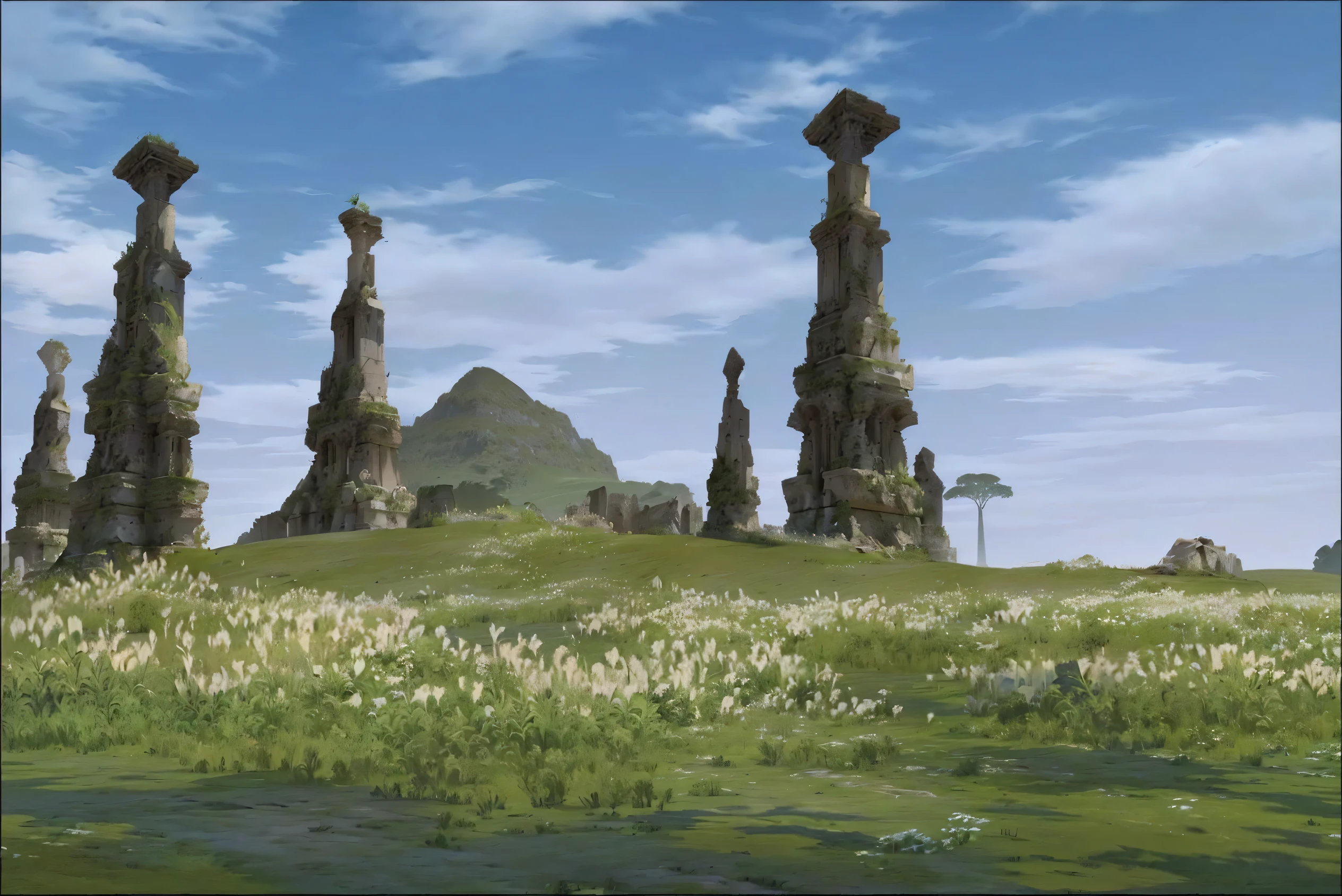 A group of tall stone pillars sits atop a lush green field, Green Cyrodiil Plains, Towering stone peak, final fantasy 11, Standing on the Plains of Rohan, ruins landscape, The Mage Tower is far away, Stunning mysterious background, Ancient overgrown! ruins, giant tomb structures, huge pillars and flowers, Award-winning scenery, grassland