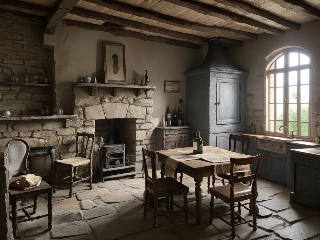 old room,small room,stone wall,stone floor,tables,chairs,one fireplace,19th-century's kitchen counter,humbly,realistic picture,19th century,in France,gray,soot,messy room,wood door,brown,dirty,sober,wine bottle,messy,unpleasant,smelly,poor,destitute