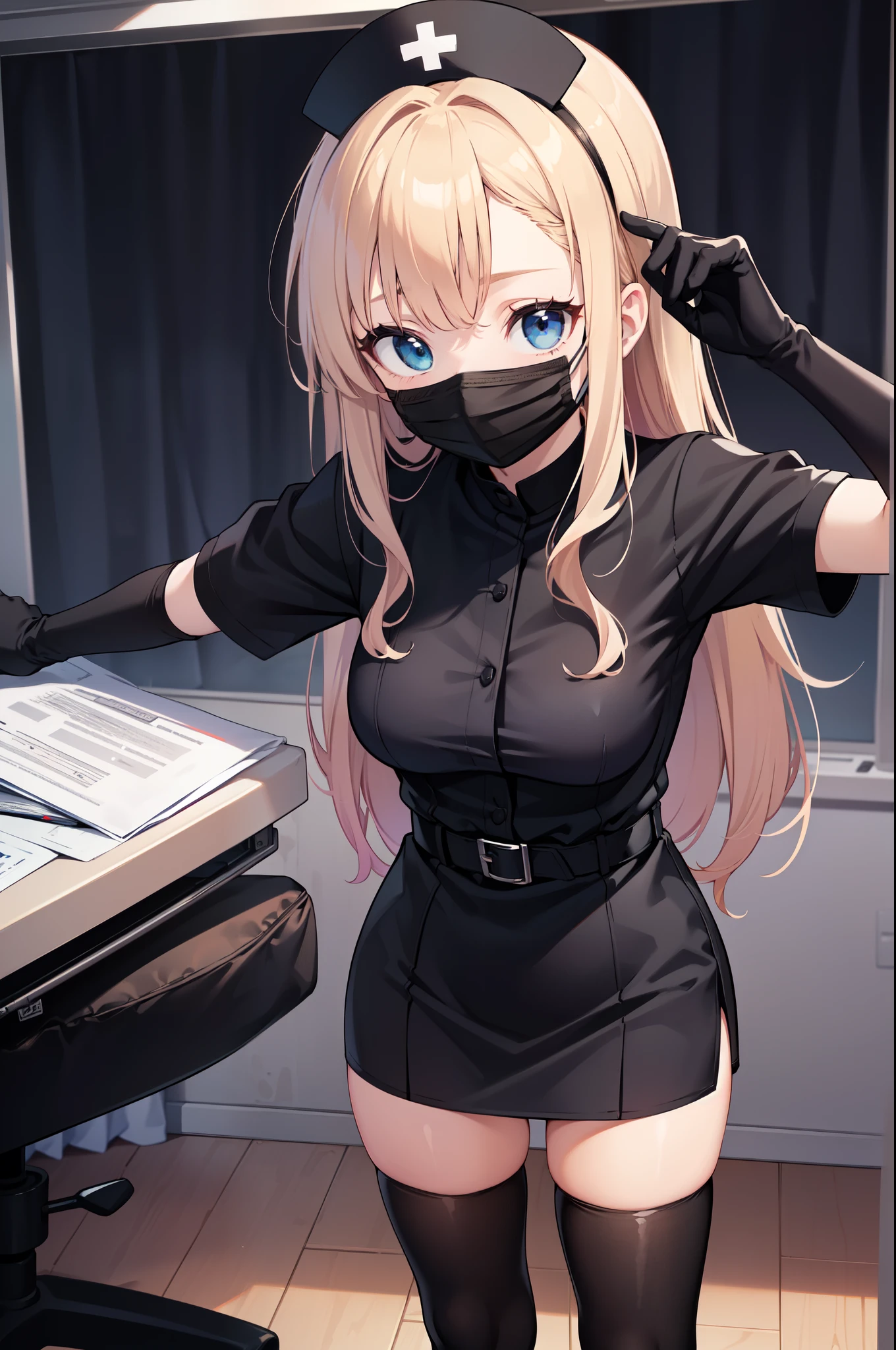 black nurse, 1woman, solo, black nurse cap, black nurse uniform, ((black legwear, zettai ryouiki)), black elbow gloves, blonde hair, blue eyes, ((black surgical mask, covered nose)), standing, ((surgery room)), sharp outline, short sleeves, mature female, 35 years old, best quality, masterpiece