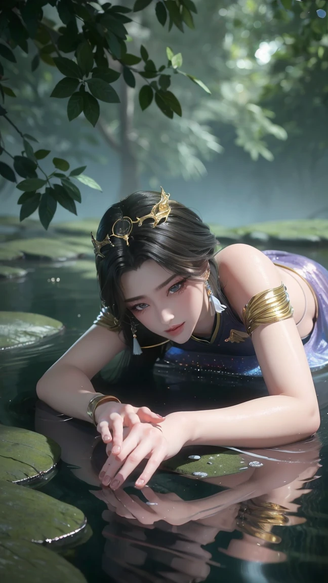 一个穿着连衣裙的女孩躺在Starry Sky下的床上,Exquisite smile,Beautiful and delicate eyes,Beautiful and delicate lips,Extremely detailed face and eyes,Long eyelashes,whole body,Flowing long hair,belly button,best quality,Excellent Works,excellent,(Reality:1.4),RAW photos,(Pretty Face:1.2),(Lying on the water:1.5),1 girl,(absurd),(8K), (4K),Octane Rendering,Starry Sky,((whole body view)),Wearing crystals barefoot,Cross-legged