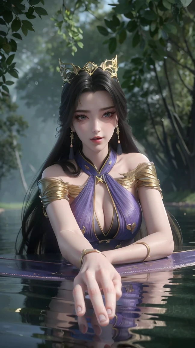一个穿着连衣裙的女孩躺在Starry Sky下的床上,Exquisite smile,Beautiful and delicate eyes,Beautiful and delicate lips,Extremely detailed face and eyes,Long eyelashes,whole body,Flowing long hair,belly button,best quality,Excellent Works,excellent,(Reality:1.4),RAW photos,(Pretty Face:1.2),(Lying on the water:1.5),1 girl,(absurd),(8K), (4K),Octane Rendering,Starry Sky,((whole body view)),Wearing crystals barefoot,Cross-legged