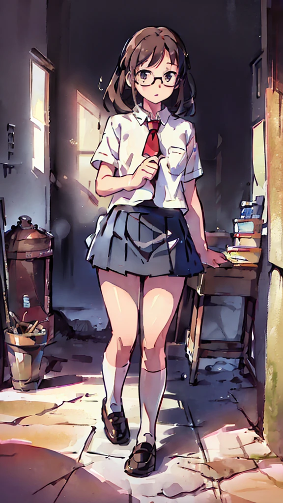 a  schoolgirl with short brown hair and red-framed glasses, wearing a white blouse and navy skirt, white panties visible, navy socks and brown loafers, in a state of arousal and trembling with sexual climax, simple illustration style, in a nichijou (everyday life) setting, (best quality,4k,HDR,masterpiece:1.2),ultra-detailed,(realistic,photorealistic,photo-realistic:1.37),vibrant colors,soft lighting,dramatic shadows,highly detailed