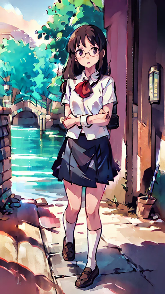 a schoolgirl with short brown hair and red-framed glasses, wearing a white blouse and navy skirt, white panties visible, navy socks and brown loafers, in a state of arousal and trembling with sexual climax, simple illustration style, in a nichijou (everyday life) setting, (best quality,4k,HDR,masterpiece:1.2),ultra-detailed,(realistic,photorealistic,photo-realistic:1.37),vibrant colors,soft lighting,dramatic shadows,highly detailed