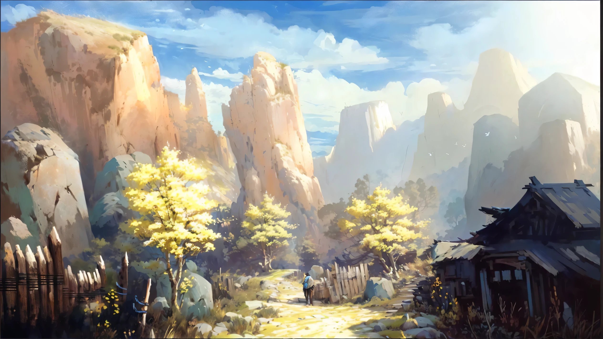 Painting of a man walking on a mountain path, painted as a game Concept Art, scenery game Concept Art, Concept Art. Epic Landscapes, environment, environment Concept Art, painterly Concept Art, Landscape Artwork, environmentart, Anime Landscape, Concept World Art, anime scenery Concept Art, environmentdesign illustration, an Epic Landscapes, digital painting Concept Art