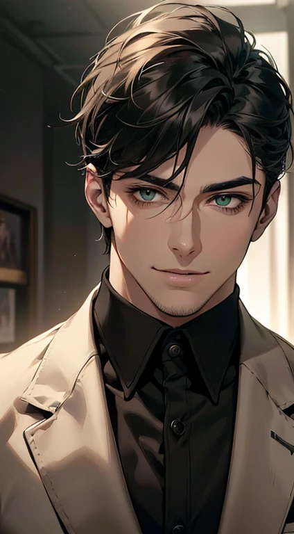 ((a mature man, very handsome, smile in love, short grey black hair, green eyes, perfect face without errors)), ((buttoning the jacket, CEO)), (best quality, masterpiece, 8K, photorealistic, cinematic lighting, hdr image, ultra detailed, beautiful image), (portrait, detailed facial features, intricate textures, realistic skin tones, highly detailed, ultra-realistic), (warm lighting, soft shadows, dramatic lighting), (muted color palette, rich tones), (professional photography, high resolution, studio lighting)