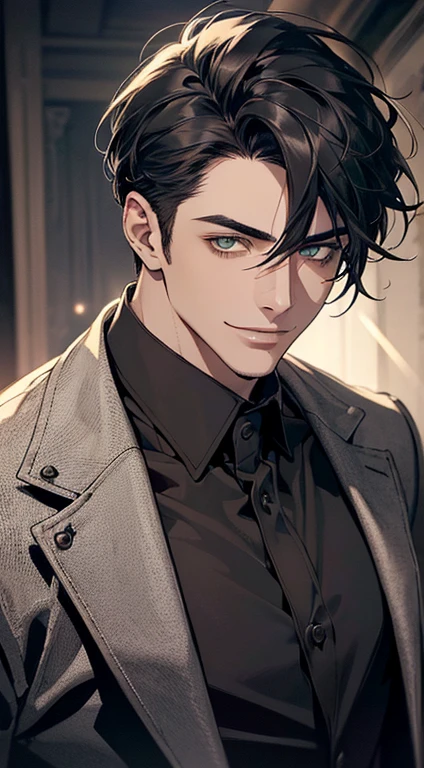 ((a mature man, very handsome, smile in love, short grey black hair, green eyes, perfect face without errors)), ((buttoning the jacket, CEO)), (best quality, masterpiece, 8K, photorealistic, cinematic lighting, hdr image, ultra detailed, beautiful image), (portrait, detailed facial features, intricate textures, realistic skin tones, highly detailed, ultra-realistic), (warm lighting, soft shadows, dramatic lighting), (muted color palette, rich tones), (professional photography, high resolution, studio lighting)