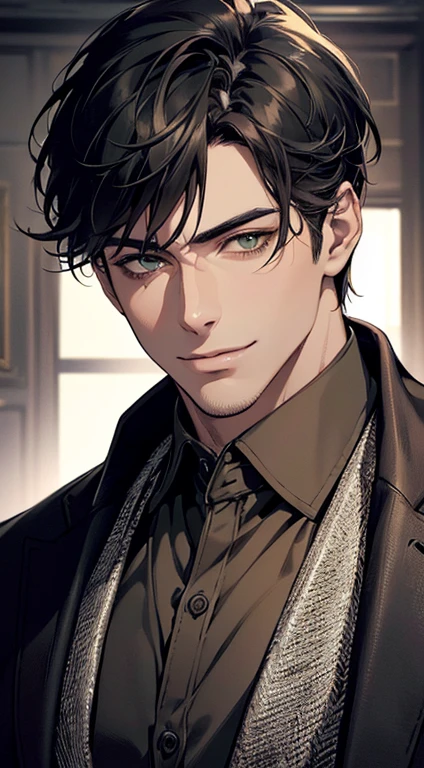 ((a mature man, very handsome, smile in love, short grey black hair, green eyes, perfect face without errors)), ((buttoning the jacket, CEO)), (best quality, masterpiece, 8K, photorealistic, cinematic lighting, hdr image, ultra detailed, beautiful image), (portrait, detailed facial features, intricate textures, realistic skin tones, highly detailed, ultra-realistic), (warm lighting, soft shadows, dramatic lighting), (muted color palette, rich tones), (professional photography, high resolution, studio lighting)